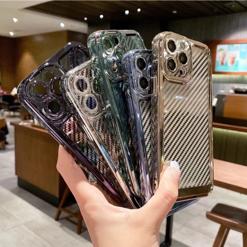 Soft Case Bahan Karbon Fiber Transparan Electroplated Untuk iPhone 14 13 11 12 Pro MAX X XS MAX XR 7 8 Plus