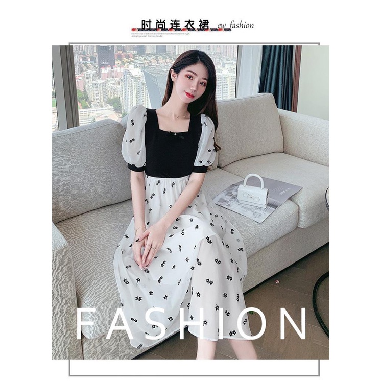 [littlecrab] Dress Square Neck Hitam Putih Dot Long Dress Atasan Hitam Karet Gaun Putih Motif Bunga Hitam Lengan Balon Pendek Simple Berkualitas Kasual Simply Korean Style