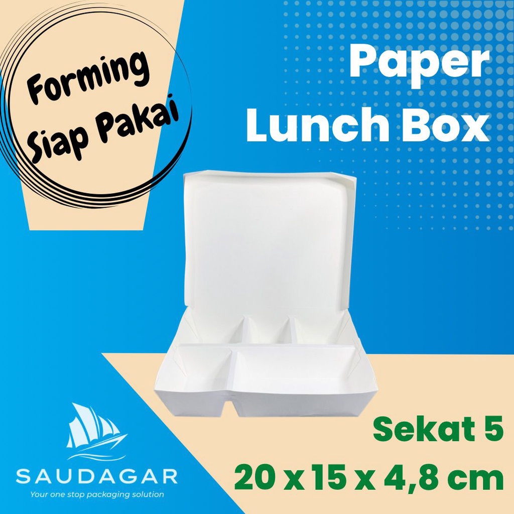 Paper Lunch Box Putih 5 Sekat / Kotak Makan Bento Siap Pakai 1 pack isi 50 pcs