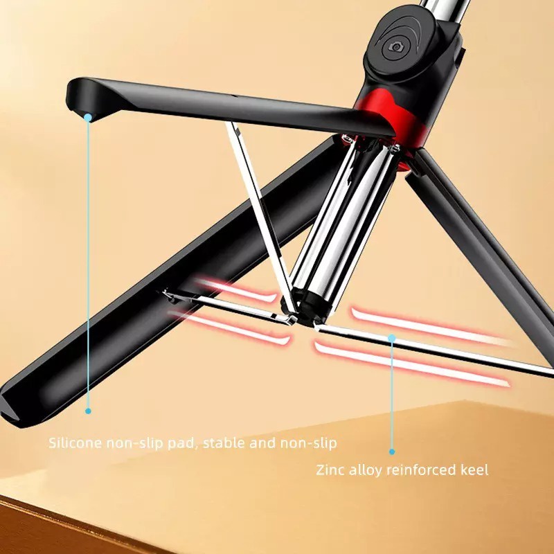 Tongsis Tripod Original P100 1.8 Meter Aluminium Alloy Black plus lighting View 2 LED Bluetooth