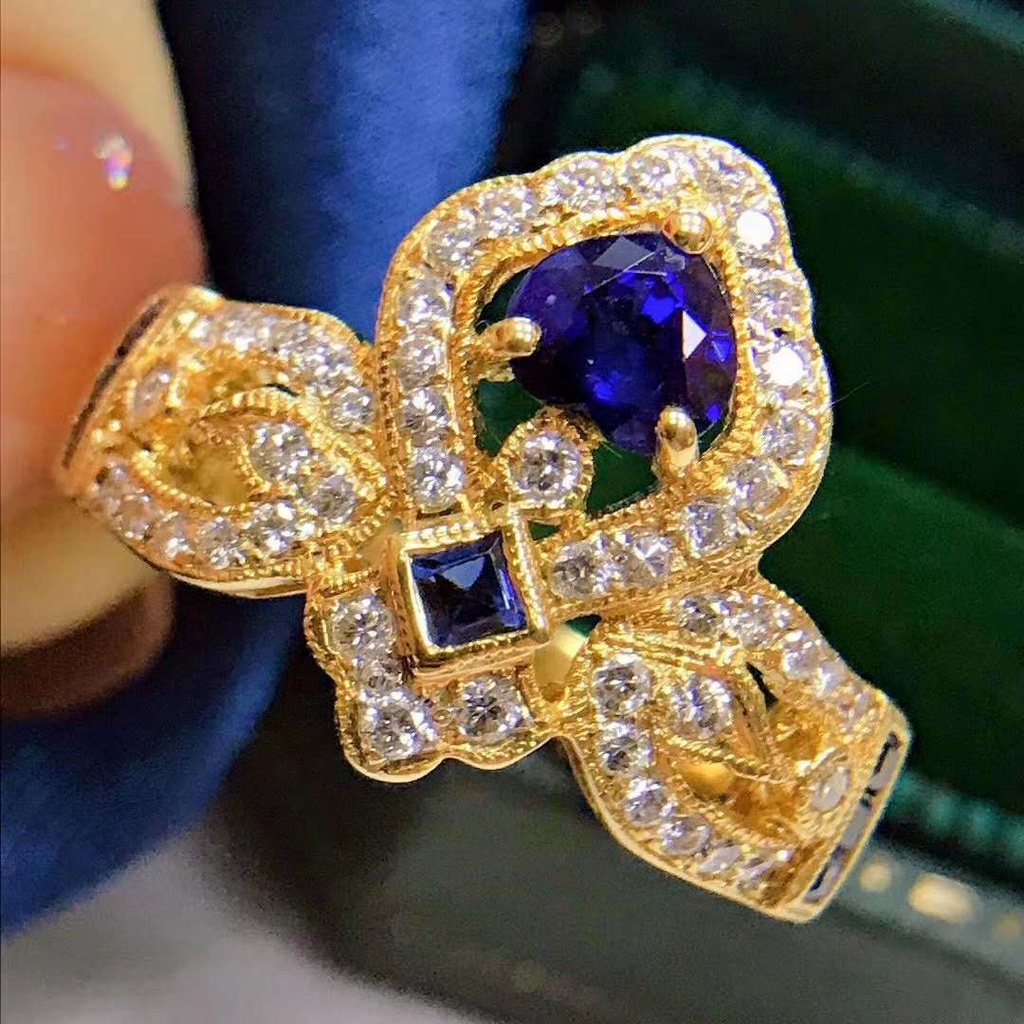 Goldkingdom Fashion Perhiasan Emas Asli Kadar 375 Bangkok Aksesoris Ready Stock Bertatahkan Safir Berlapis Emas Mahkota Cincin Pertunangan Adjustable Ring Wanita