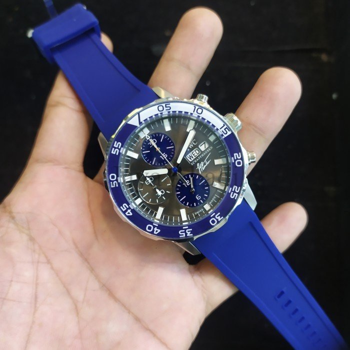 Jam tangan pria IWC Mewah 1W Chronograph Grade premium Strap Rubber Biru - Box Kayu