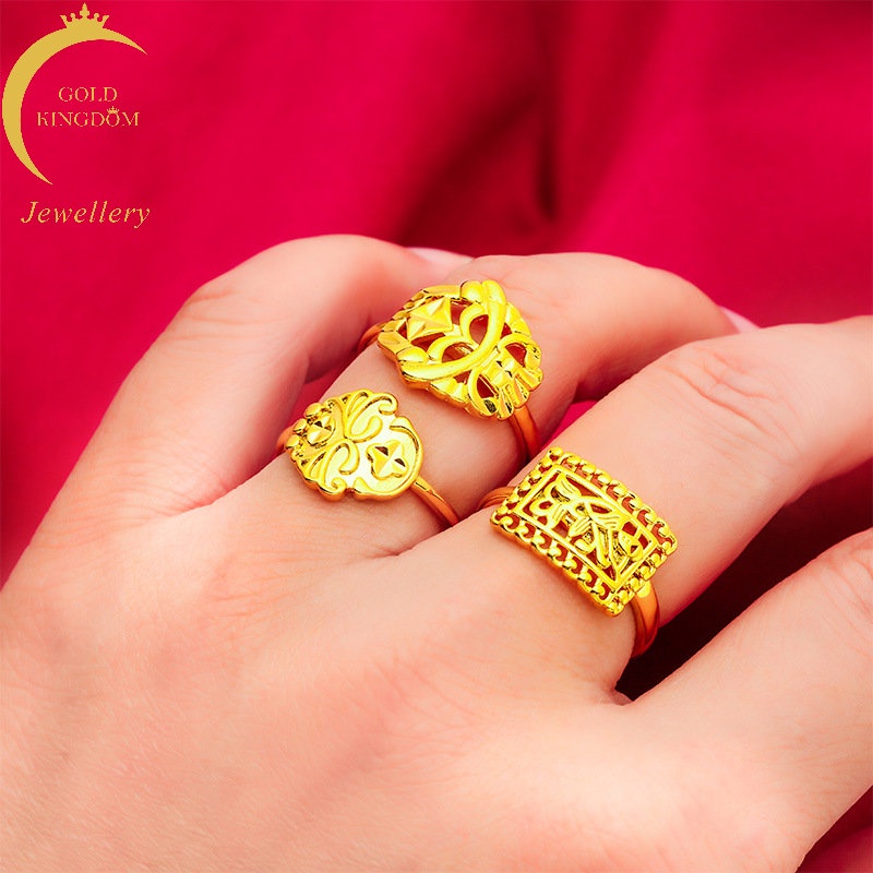 Goldkingdom Perhiasan Fashion Emas Asli Kadar 375 Bangkok Aksesoris Ready Stock Baru Cincin Wanita Yang Dapat Disesuaikan Desain Wajah Lebar Bentuk Pola Yang Murah Hati Sederhana Kaya