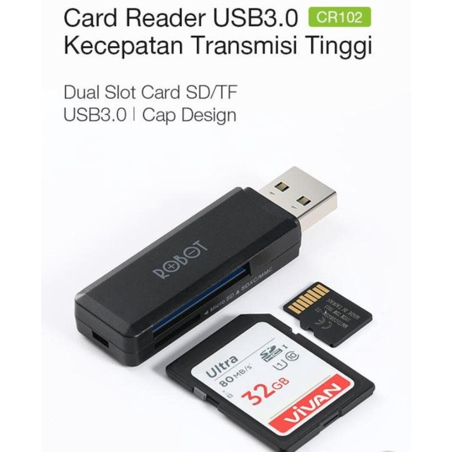 ROBOT CR102 Card Reader ROBOT CR102 USB 3.0 TF SD with 2 Slot Hub Black Card Reader Micro SD Card Re