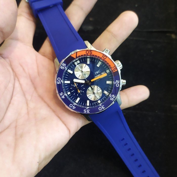 Jam tangan pria IWC Analog Mewah 1W Chronograph Grade premium Strap Rubber - Box Kayu