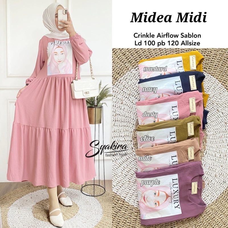 Midea Midi Dress Crinkle Sablon Midi Dress Printing Wanita