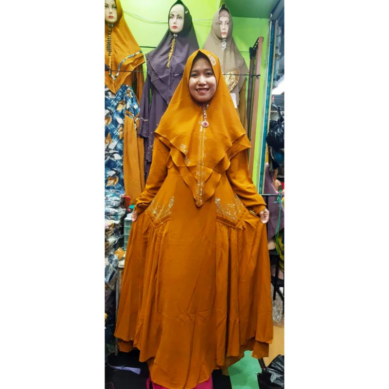 Gamis Syar'i Dk 026 Swarovski Full Polos Ceruty Babydoll Double PURING Busui Khimar Pet Antem  Set J