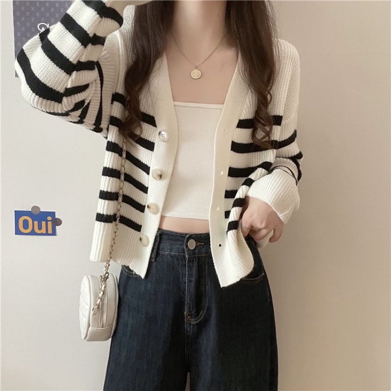 KNIT TOP STRIP CARDIGAN IMPORT WANITA LONG SLEEVE JACKET MX206