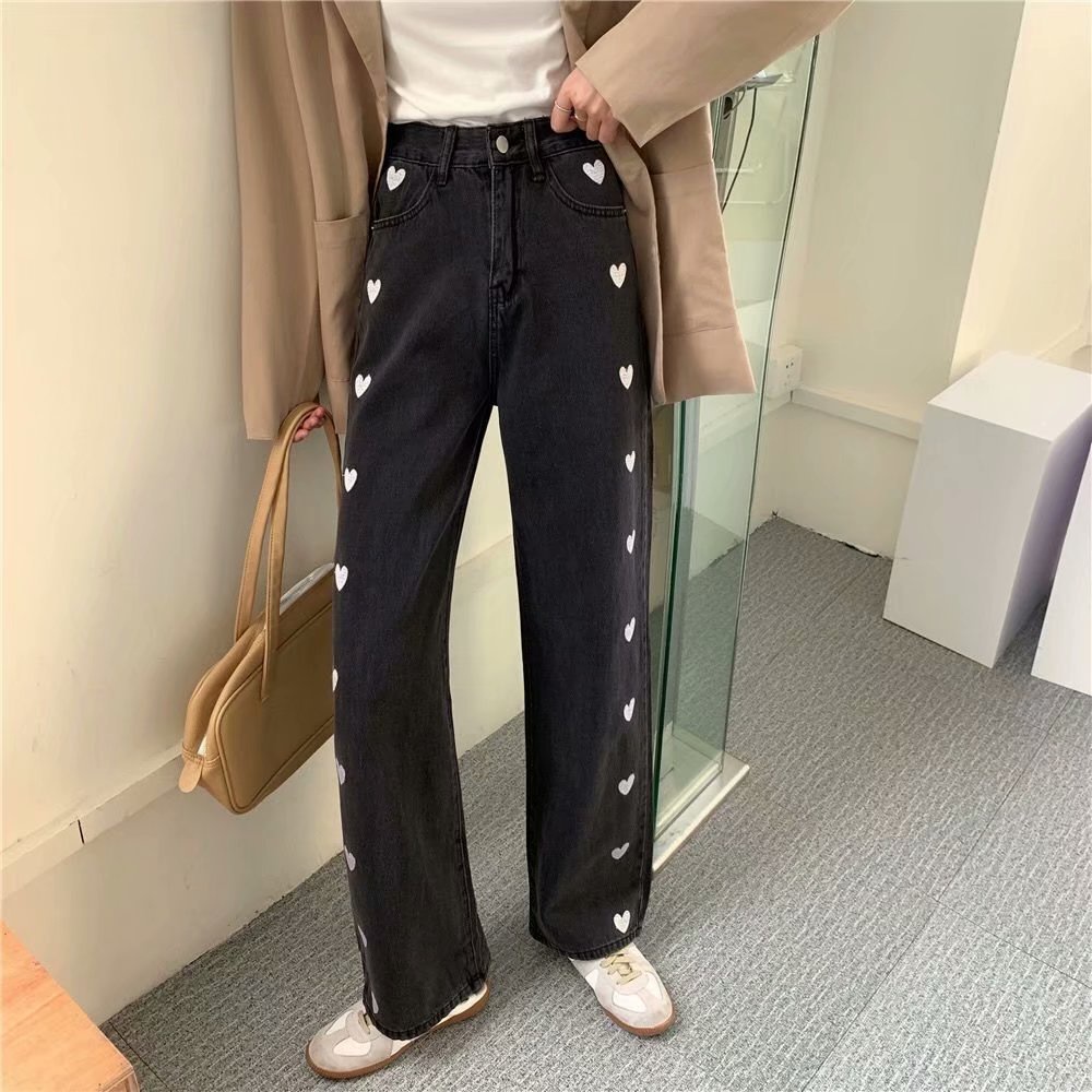 yikoo-Celana jeans bordir cinta high waist wanita panjang longgar boyfriend pants