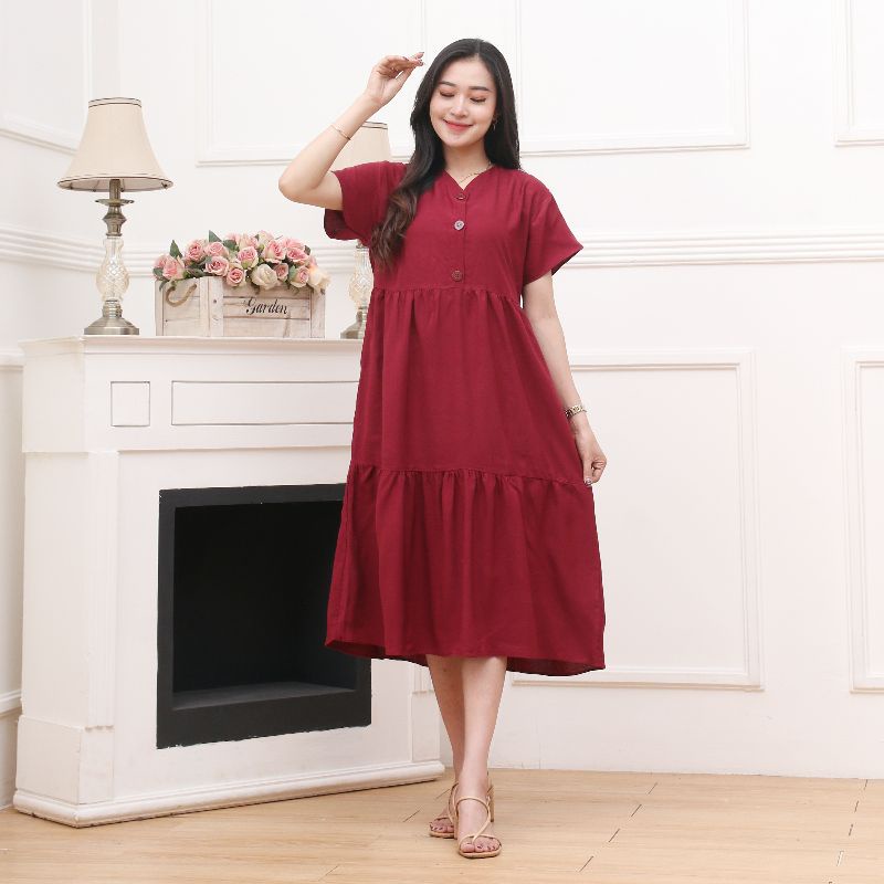 DRESS CASUAL REMAJA RAYON POLOS | DRESS WANITA KOREAN STYLE | DRESS SUSUN KANCING ATAS BUSUI FRIENDLY