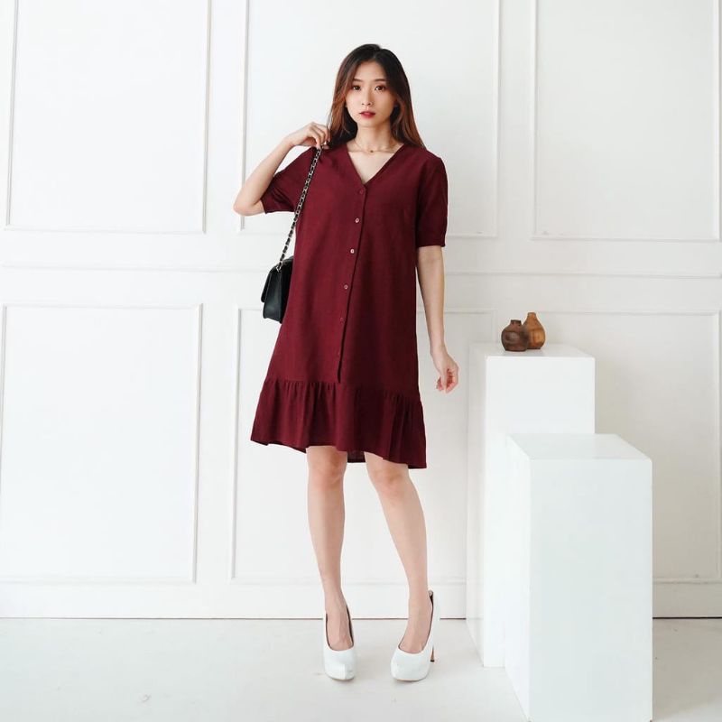 Dress Yauna Ruffle Mini Dress Korea Style V Neck Dress Korea Style Kancing Depan Size Jumbo