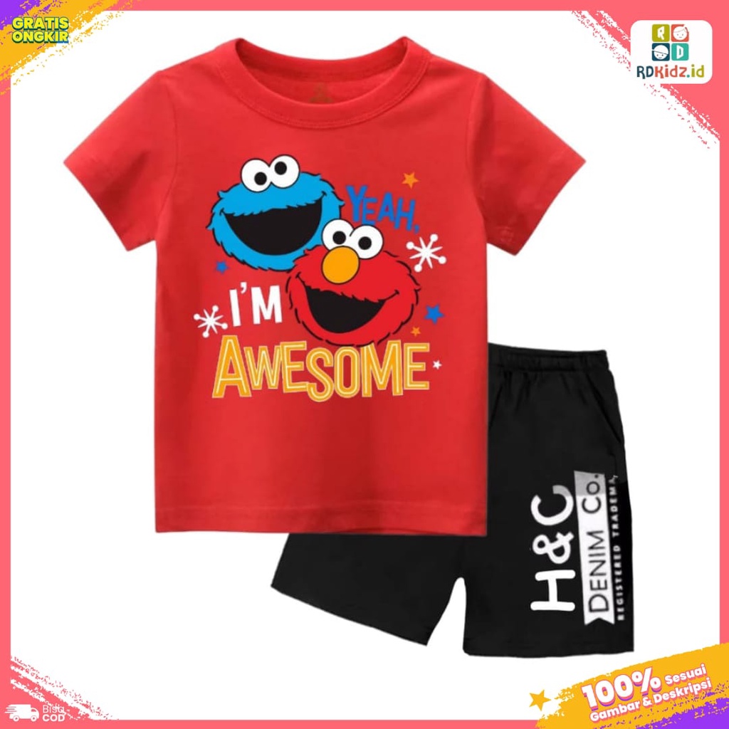 Rdkidzid Setelan Lengan Pendek Anak Laki Laki Set Pendek ANak Cowok Motif Elmo Baru