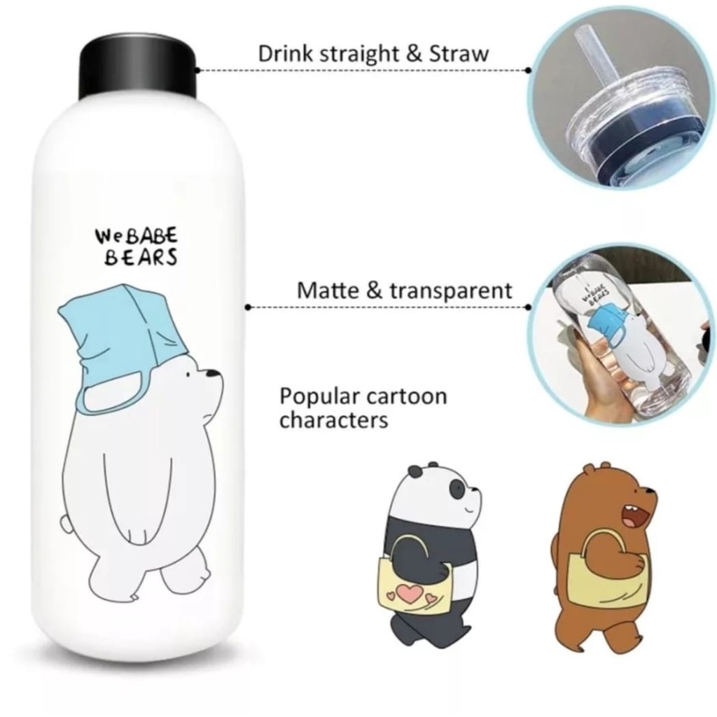 Botol Minum 1 Liter Viral Karakter Kartun We Babe Bears Bening Doff Anti Tumpah Dan Bocor -Botol Minuman Anak Sedotan Botol Minum Cartoon Multifungsi Motif Lucu 1000 ML Food Grade BPA Free