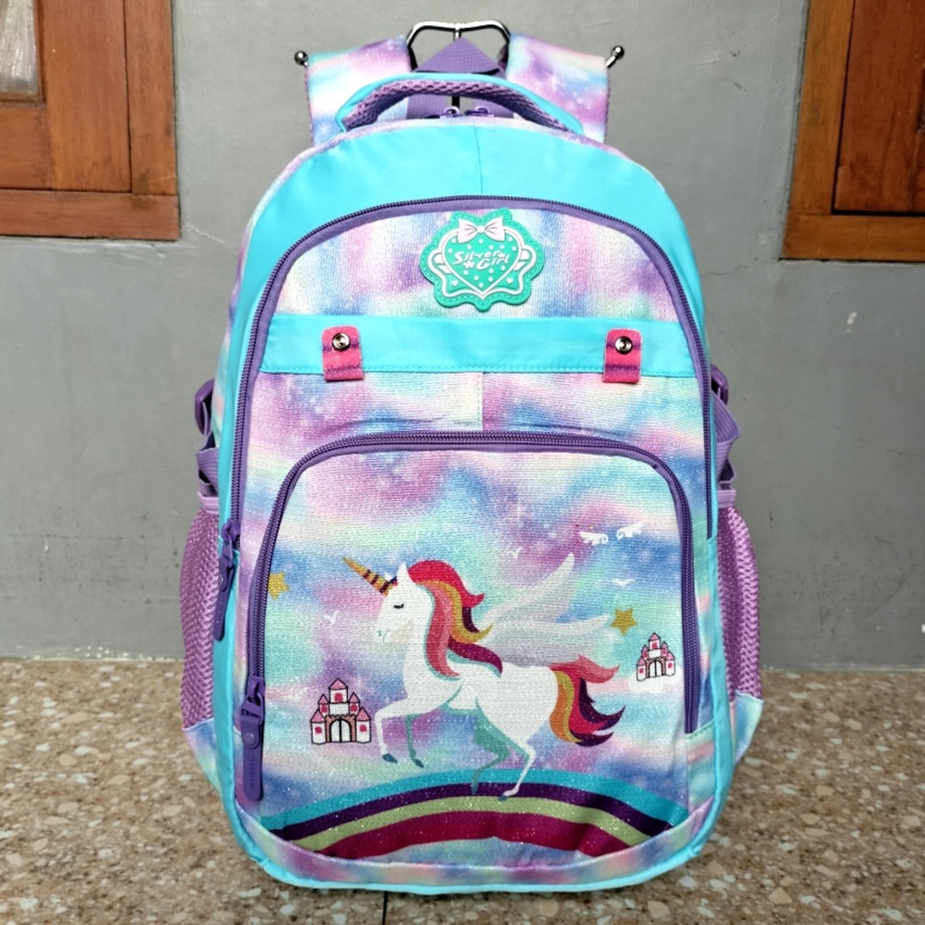 Tas Ransel Backpack Sekolah Anak Perempuan Silver Girl Original Unicorn Castle