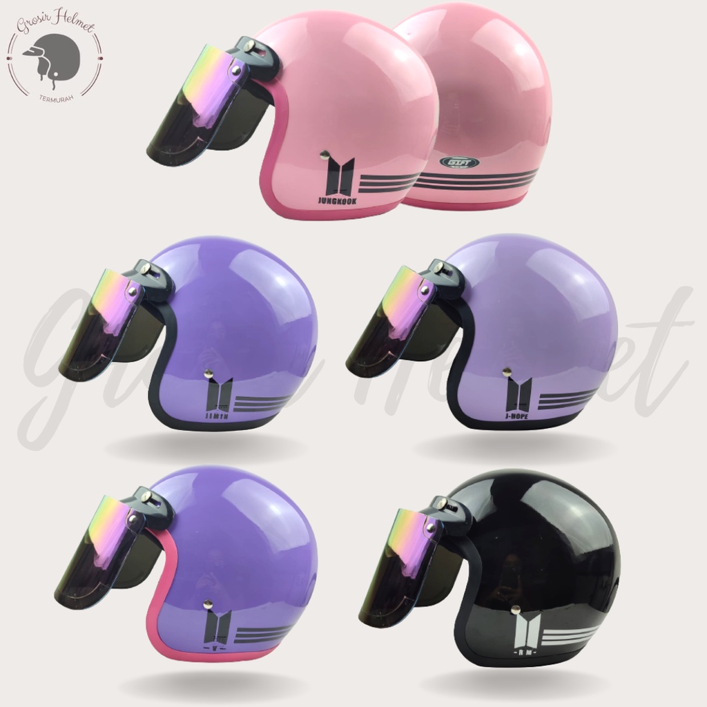 Helm Retro Cewek Cowok Helm Bogo Full leher SNI nama member BTS FREE KACA DATAR  HITAM