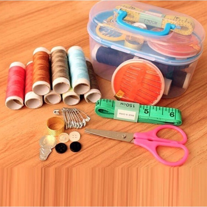 A226 (TANPA JARUM) SATU SET ALAT JAHIT sewing kit peralatan menjahit penjahit benang perlengkapan hobi koleksi baju bahan jarum pentul peniti kotak box gunting meteran meter warna warni banyak souvenir hadiah