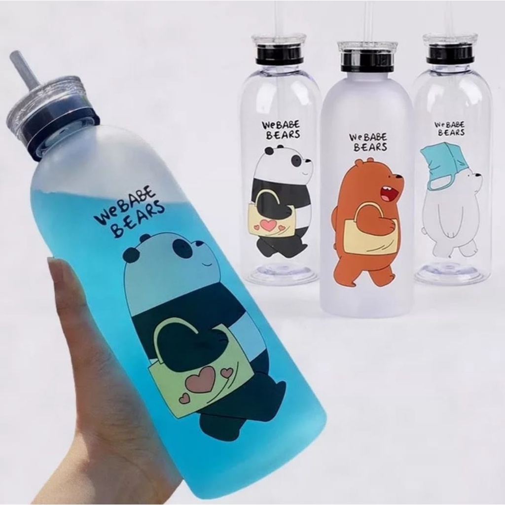 Botol Minum 1 Liter Viral Karakter Kartun We Babe Bears Bening Doff Anti Tumpah Dan Bocor -Botol Minuman Anak Sedotan Botol Minum Cartoon Multifungsi Motif Lucu 1000 ML Food Grade BPA Free