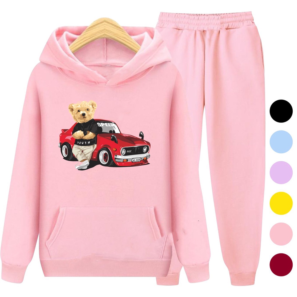 Setelan Sweater Anak + Celana TEDDY CAR / Set Sweater Hoodie Anak Laki - Laki Remaja Kekinian Terbaru