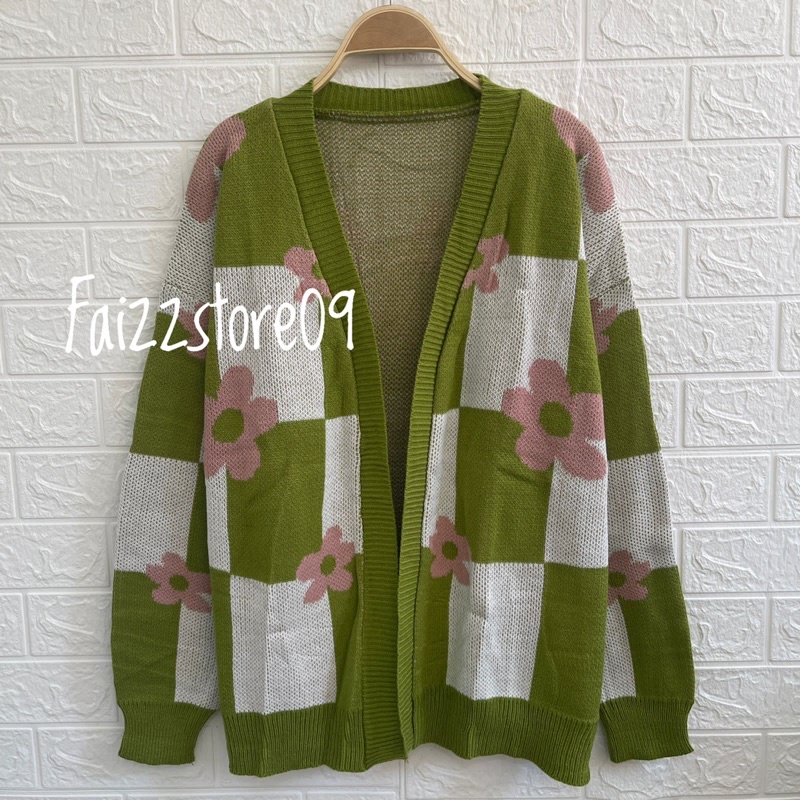 Zafara Cardigan Rajut OVERSIZE Wanita Motif Kotak Bunga / Atasan Rajut Premium Wanita  Murah