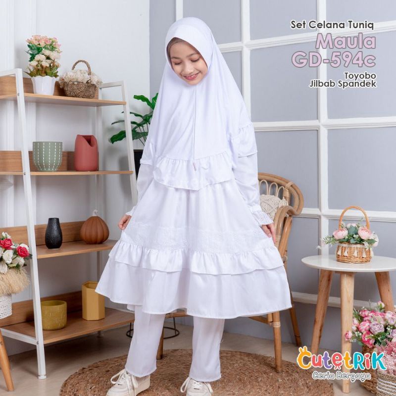 Setelan Celana Tunik Putih / Setelan Celana Putih Manasik Cutetrik/ Setelan Celana Maula Cutetrik GD