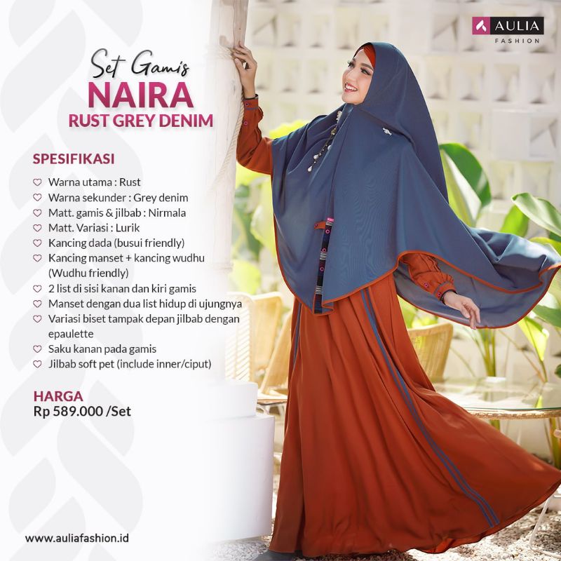 AULIA NAIRA RUST GREY DENIM GAMIS SET HIJAB MODEL TERBARU PERPADUAN WARNA ELEGANT