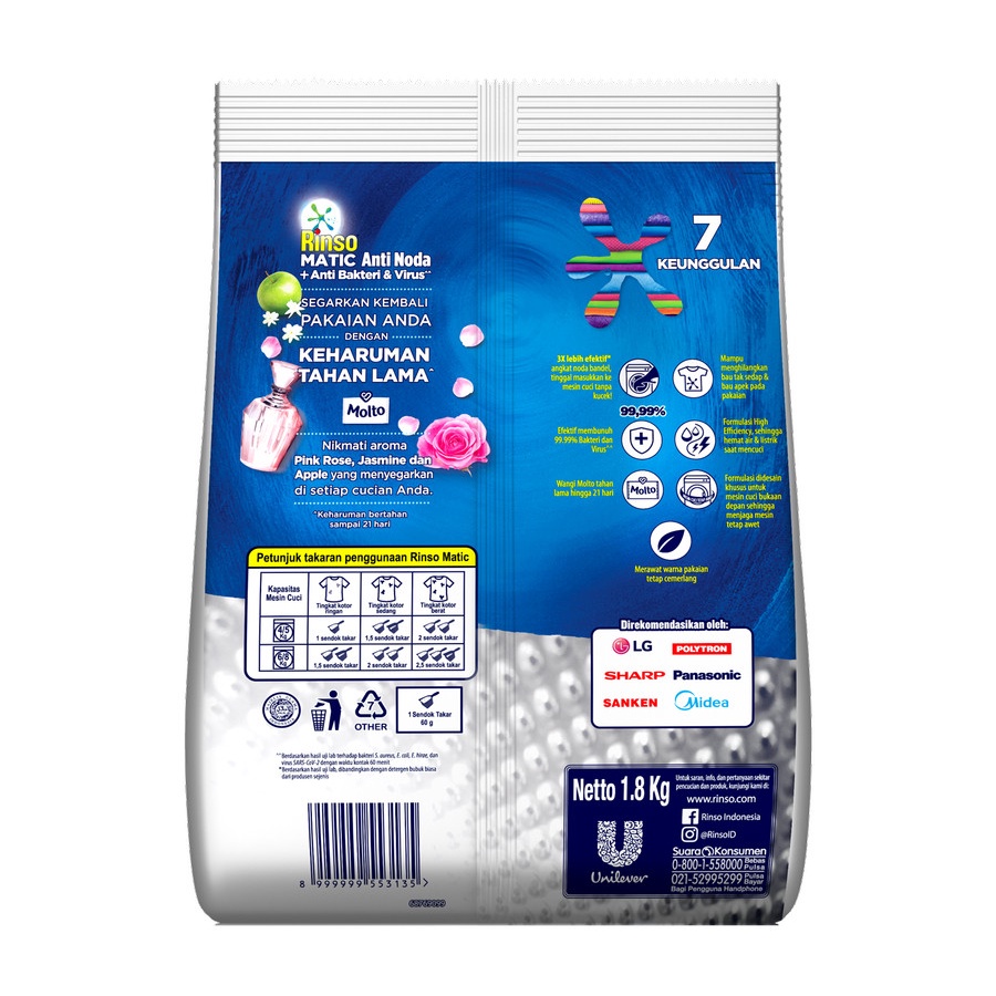 DETERJEN BUBUK RINSO MATIC MESIN CUCI BUKAAN DEPAN 1.8KG LAUNDRY DETERGENT