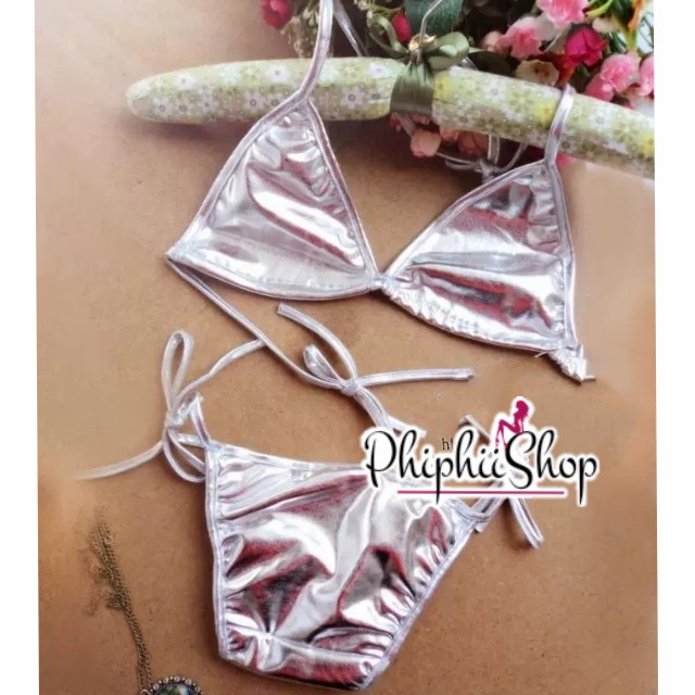 ✨COD✨ Bikini Sexy Set Bra Panty Latex Metalik Woman Underwear - Silver