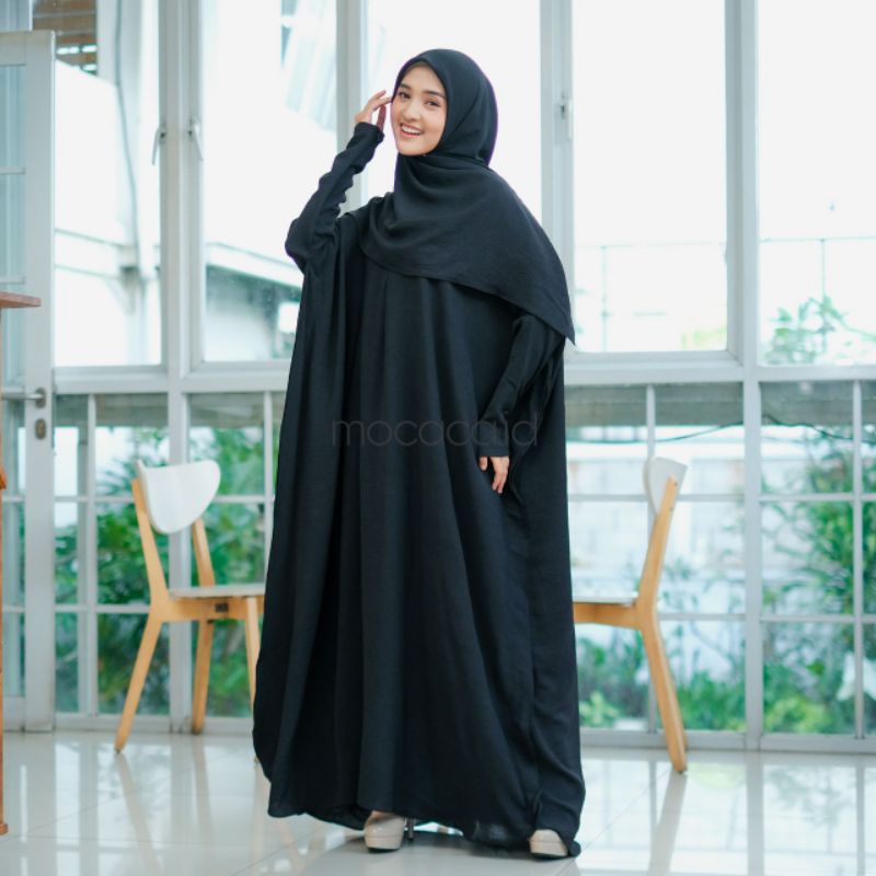 abaya set premium sudah dengan kerudung hitam ada saku sleting lengan panjang free size
