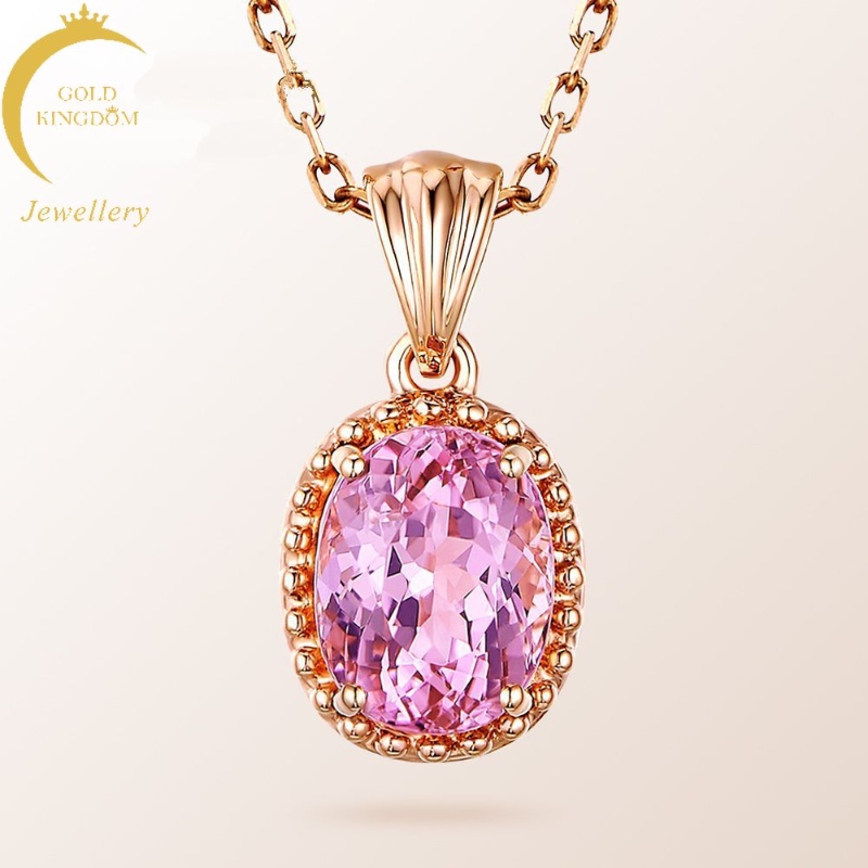 Kalung Lapis Rose Gold Emas Asli Kadar 375Hias Liontin Kristal Turmalin Pink Untuk Wanita