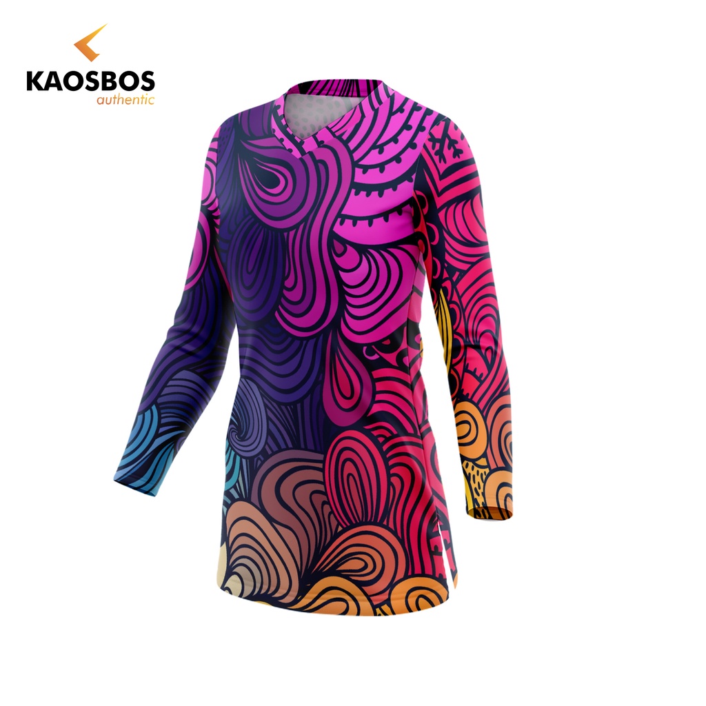 Kaos Baju Jersey OlahRaga Sepeda Model Tunik Wanita Lengan Panjang Batik Bunga Abstrak Pink Ungu Dri