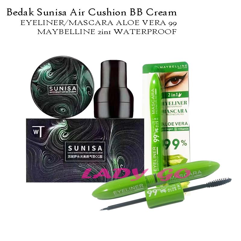 SUNISA Water Beauty and Air CC Cream Foundation BB Cream With mushroom Sponge Original Plus EYELINER/MASCARA ALOE VERA 99% // 2in1 WATERPROOF