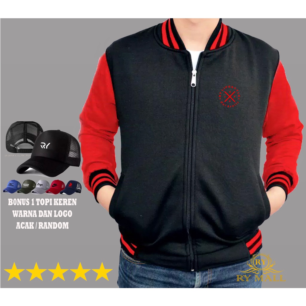 Jaket Ukuran Jumbo / Jaket Baseball RY Lifestyle 1990 Autentic Merah + Topi / Random / Sweater / Res