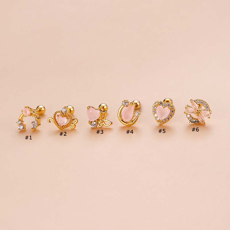 1pc Anting Tindik Tulang Rawan Telinga Bentuk Hati Pink Bahan Stainless Steel 20Gauge Dengan Zircon