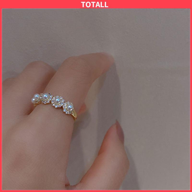 COD Double-layer Retro Pearl Diamond Ring Niche Light Desain Mewah Cincin Dapat Disesuaikan Terbuka-Totall