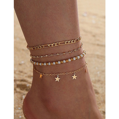 LRC Gelang Kaki Fashion Gold Rice Beads Tassel Five-pointed Star Chain W77222