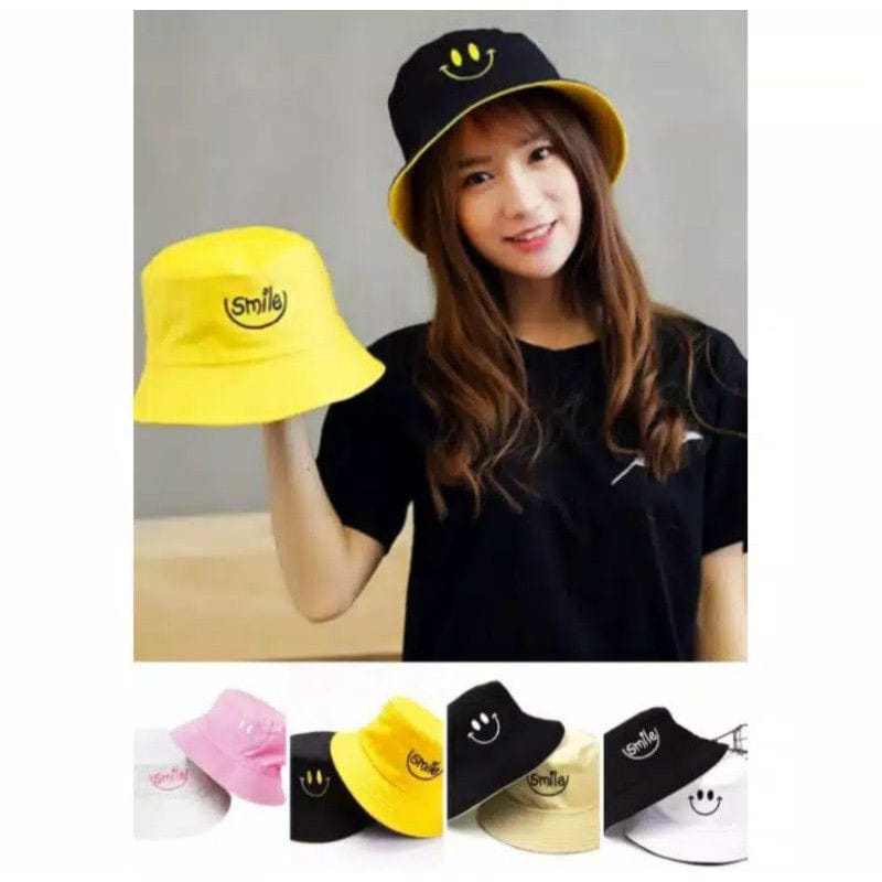 BEST QUALITY Topi Bucket Wanita/Topi Wanita Motif Smile Bisa Bolak Balik IMPORT bisa bayar di tempat