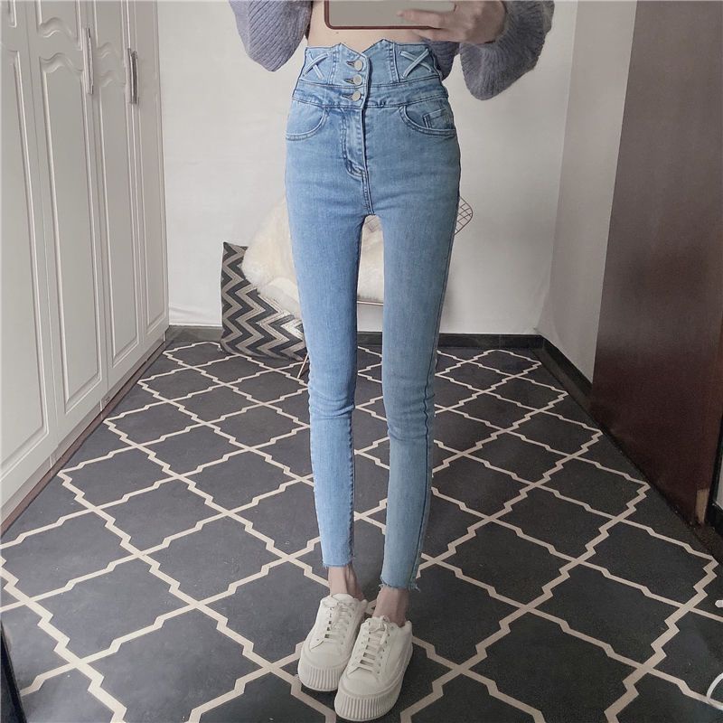 Super High Waist Jeans Skinny Pencil Cropped Skinny Pants Wanita