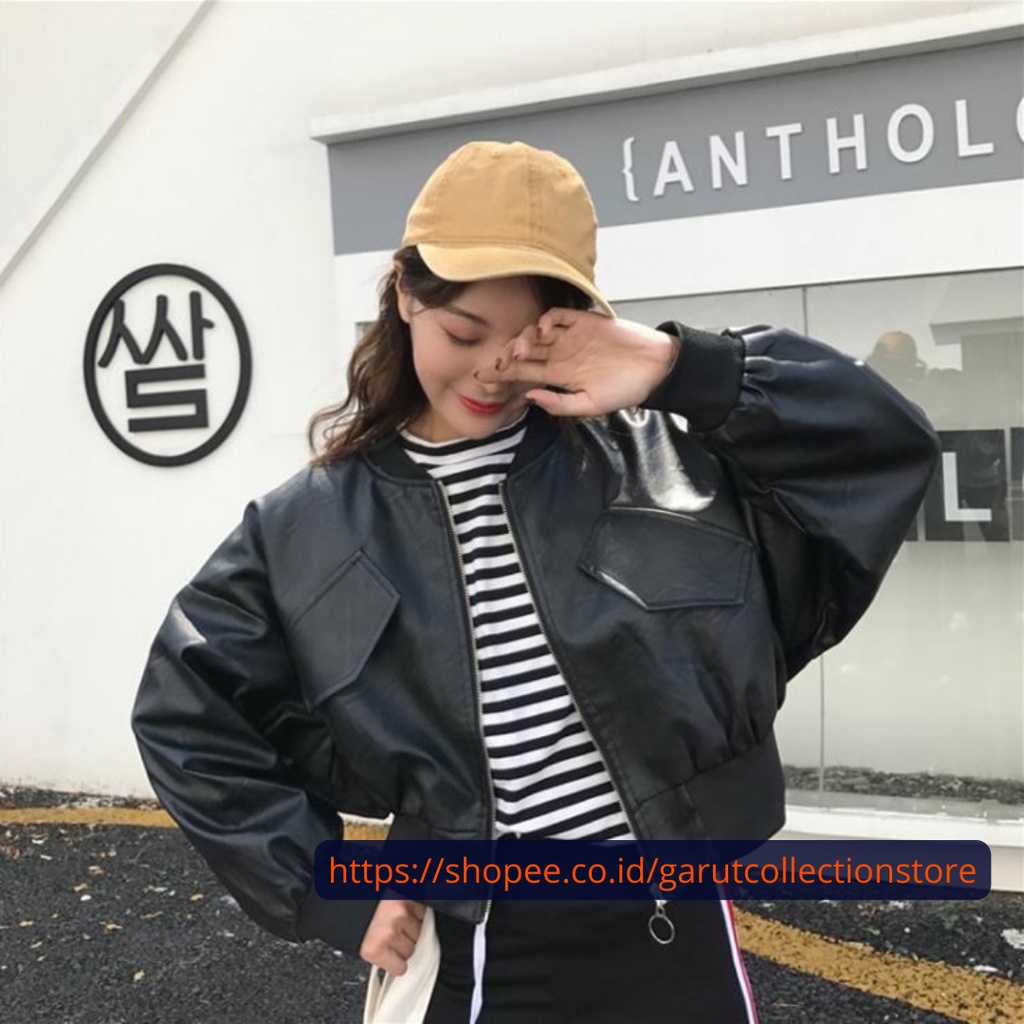 Jaket Kulit Wanita Korea Crop Top Model Lengan Balon Over Size Keren