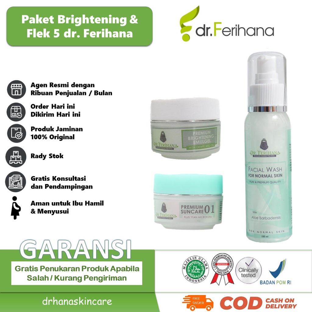 Paket Brightening &amp; Flek 5 dr Ferihana Cosmetics Skincare Merupakan Paket untuk Kulit Wajah Normal Kombinasi Berminyak Ringan yang Mampu Mencerahkan Memudarkan Flek Sekaligus Mengurangi Bruntusan