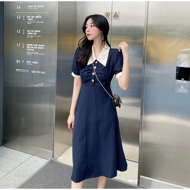 [littlecrab] Dress Panjang Lengan Pendek Berkerah Kancing Kayu X Biru Dongker Hitam Two Tone Long Dress Kerja Acara Simple Elegan Berkualitas Simply Korean Style