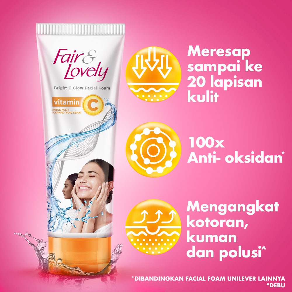 ⭐BAGUS⭐ FAIR &amp; LOVELY Facial Foam 50/100gr | Bright C Glow Multi Vitamin | Sabun Wajah