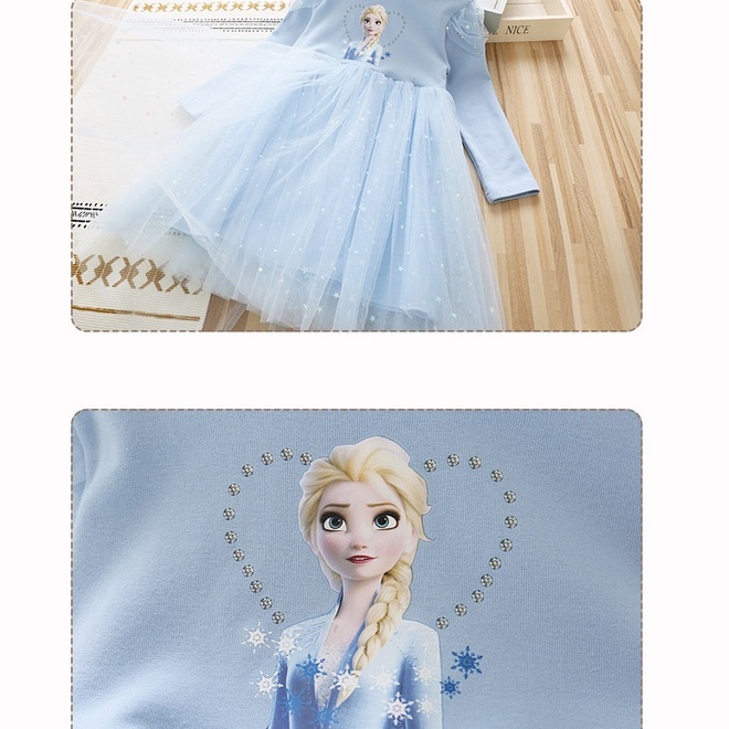 Anak Perempuan Frozen Elsa Dicetak Tulle Princess Dress Anak Lengan Panjang Elsa Gaun Pesta