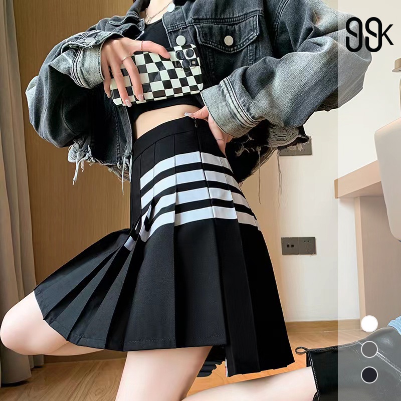 Women Mini Skirt Pleated Striped Rok Pendek Lipit Wanita 2105 (S-XL)