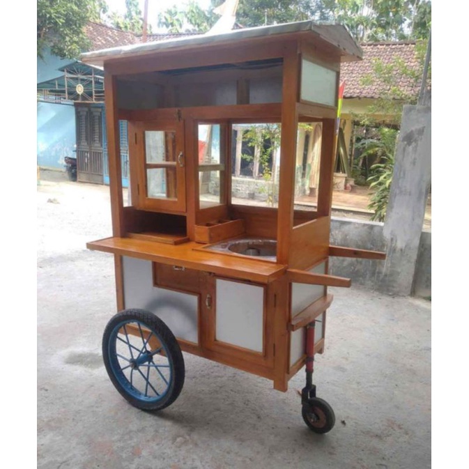 Gerobak bakso malang / gerobak cilok / gerobak bakwan kawi bahan kayu mahoni roda 3