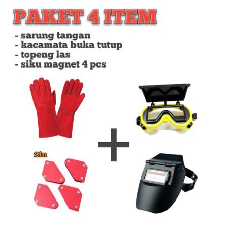 PAKET Sarung Tangan Las Kulit Welding Gloves Safety Glove Anti Panas + Kaca Mata Las Buka Tutup Kacamata WeldING + topeng las + siku magnet 4pcs