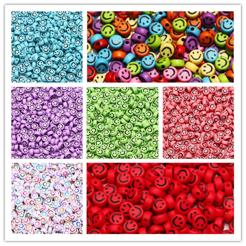 100pcs Manik-Manik Bulat Motif Smiley Bahan Akrilik Warna-Warni Ukuran 4x7mm Untuk Membuat Perhiasan Handmade Diy