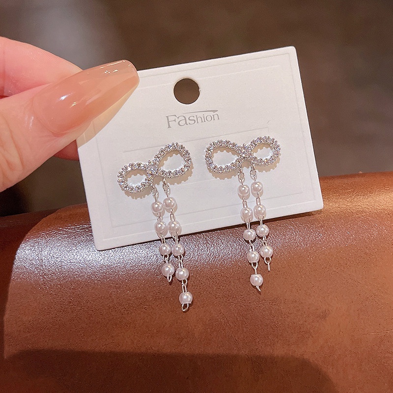 Anting Tusuk Gantung Panjang silver 925 Desain Pita Hias Mutiara + Berlian Untuk Wanita