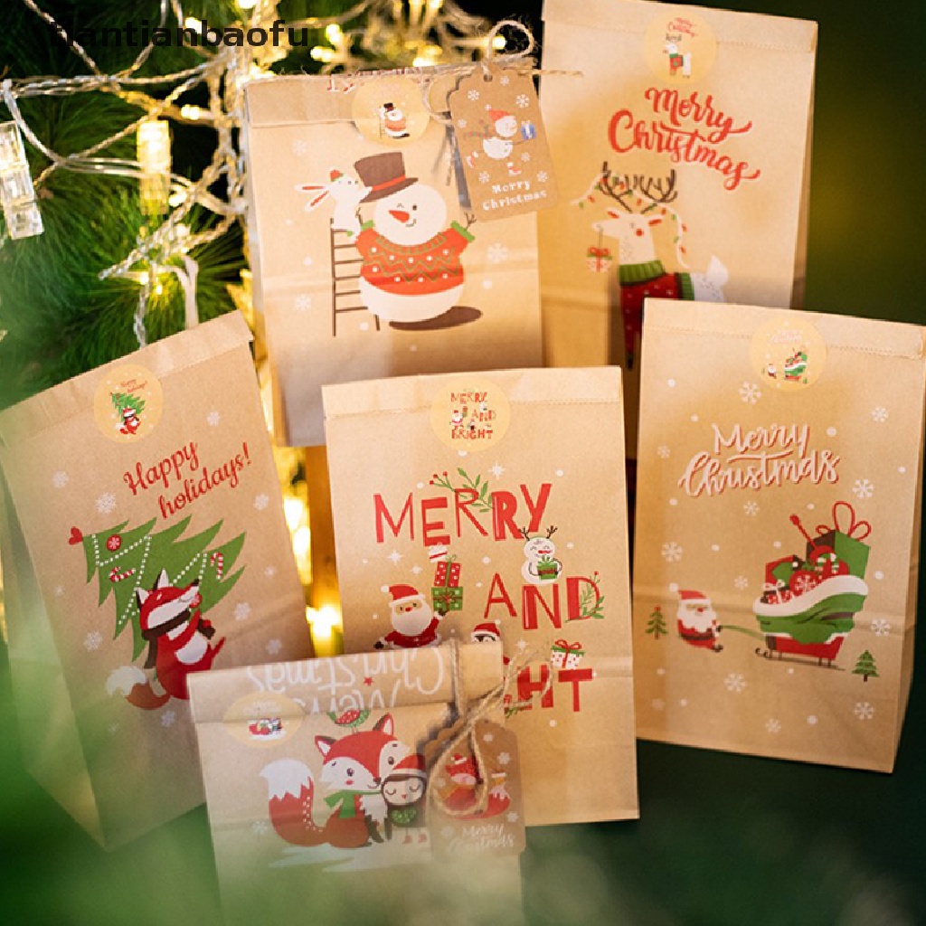[tiantianbaofu] 24 Pcs Christmas Kraft Paper Bags With 24 Pcs Labels Santa Snowman Candy Bag Boutique