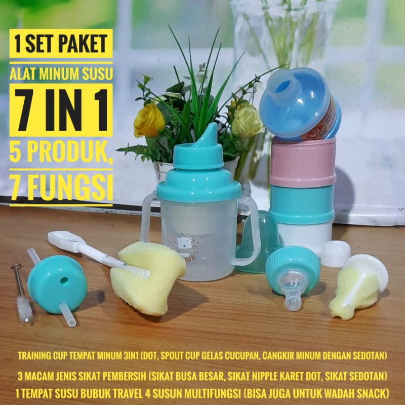 1 Set Paket Peralatan Minum 7 in 1 Isi Gelas Botol Training Cup Sikat Dot dan Sedotan serta Tempat S