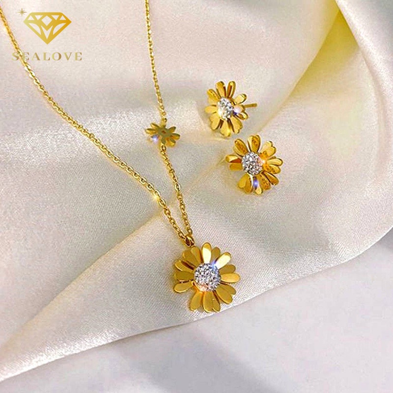 SEALOVE Kalung Anting Set Daisy Wanita kalung titanium anti karat dan luntur 18k Emas Perhiasan Premium Korea